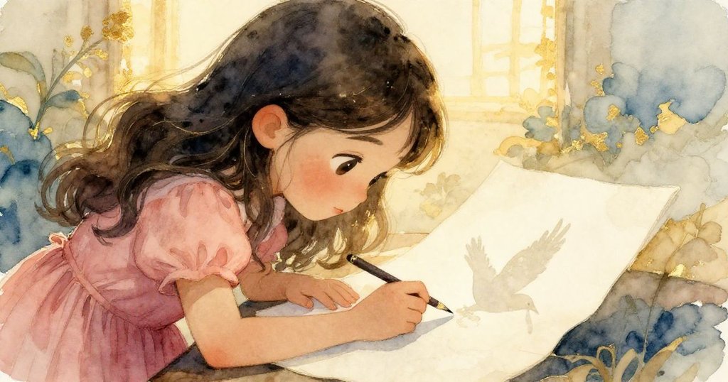 在夕陽餘暉中，Iris 輕傾身子以乾淨細筆描繪紙上初現的淡鳥輪廓，展現創作旅程溫柔圓滿的收束。