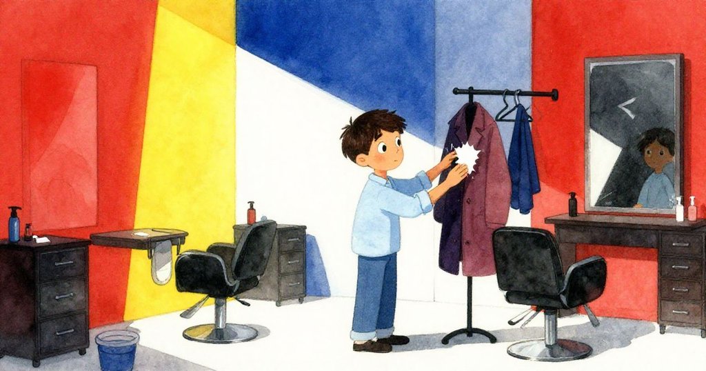 Cal在髮廊內觸摸裸露木板的衣架,表情疑惑,燈光劇烈對比展開故事開場。