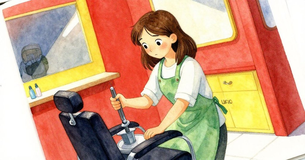 Lucia在傾斜視角中操作液壓座椅,表情專注,椅子機制細節明顯,延遲氣氛逐漸形成。