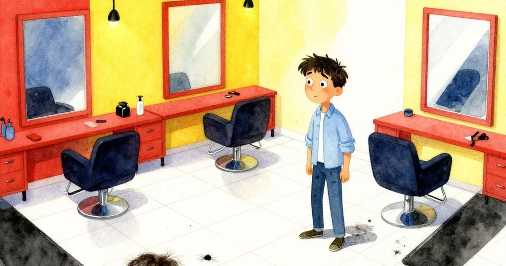 Cal從高處觀察髮廊全景,等待區細節豐富,零星髮屑與時程壓力交織,表情焦急。