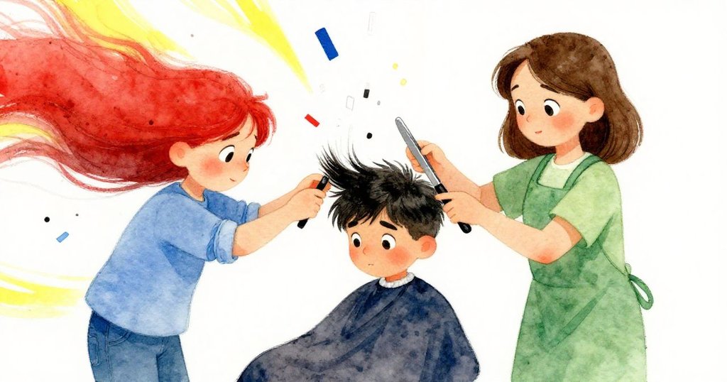 Lucia在動態畫面中剪髮,剪刀與梳子流暢滑過濕髮,髮屑如彩帶飄落,表情專注。