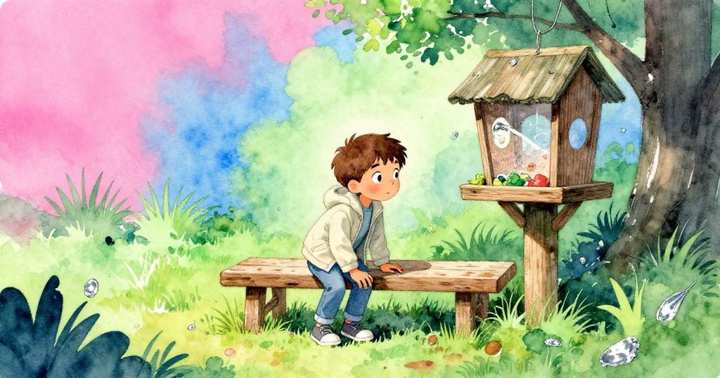 萊爾坐在溫暖長椅上檢查紙袋,等待金翅鳥出現,背景為翠綠草地和自然木製喂鳥器,神情平靜