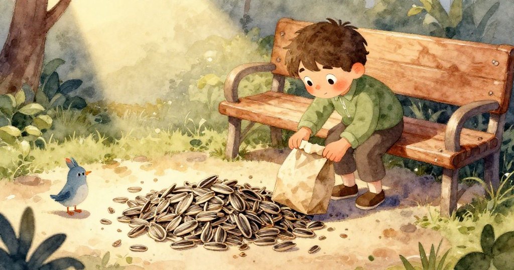 萊爾的手輕輕捏住破角紙袋,顯示木製喂鳥器上紋理與散落的葵花籽,細膩展示自然細節