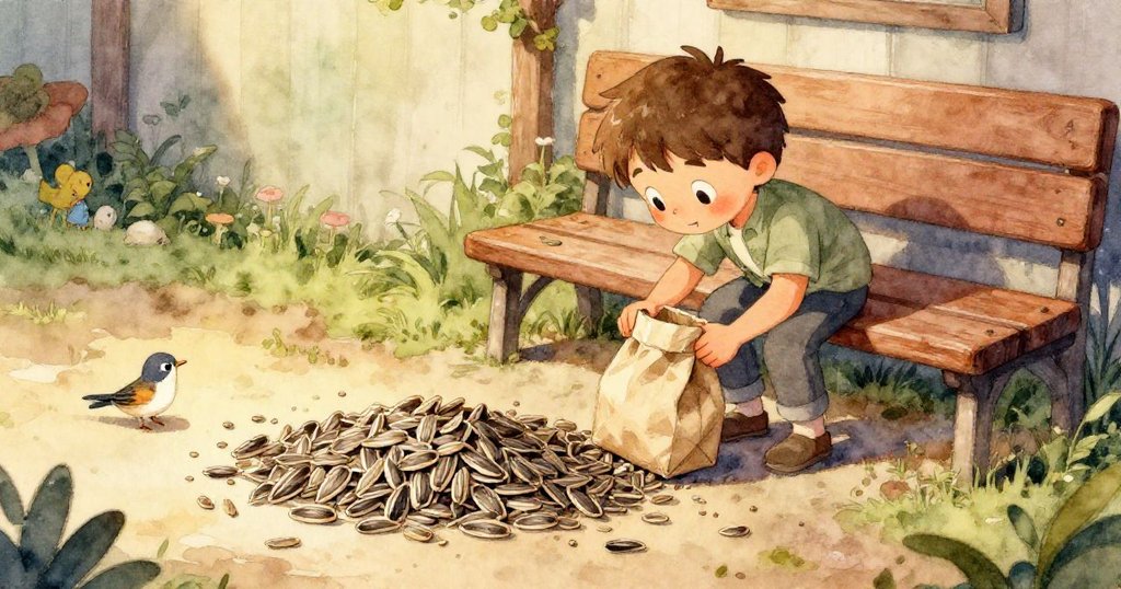 萊爾透過主觀視角觀察紙袋釋放細線籽粒及樹枝上害羞的金翅鳥,充滿期待心情