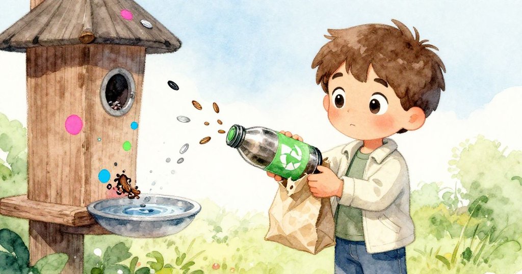 萊爾正在利用諾蘭的金屬水瓶固定破損紙袋角,隨風飛散的種子靠近水盤,展現解決問題的專注神情