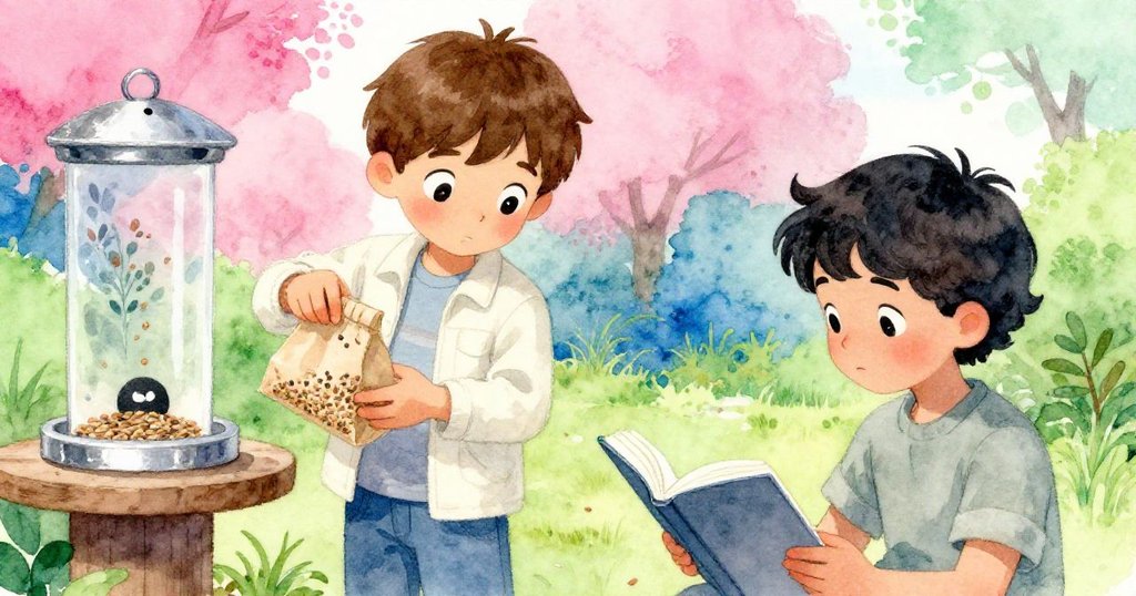 萊爾注重地倒出單顆種子,同時望向在旁閱讀的諾蘭,表現出決心與謹慎的情緒,背景是戶外木製喂鳥器