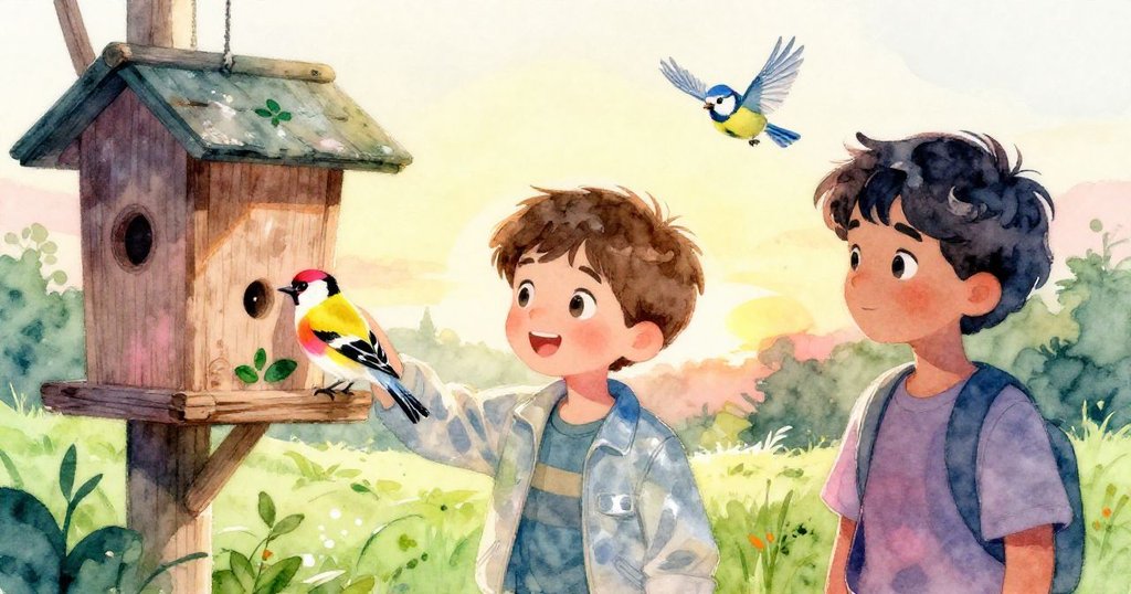 夕陽下,萊爾與諾蘭微笑相看,金翅鳥與藍山雀在木製喂鳥器旁飛舞,展現溫馨大自然的結尾氣氛