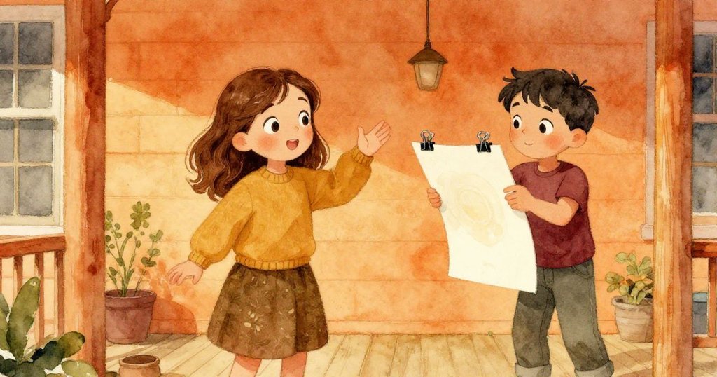 Iris溫柔呼喚，同時Gareth翻動濕紙板，露出木質門廊背景和金色光線，展現故事開端探索的互動。