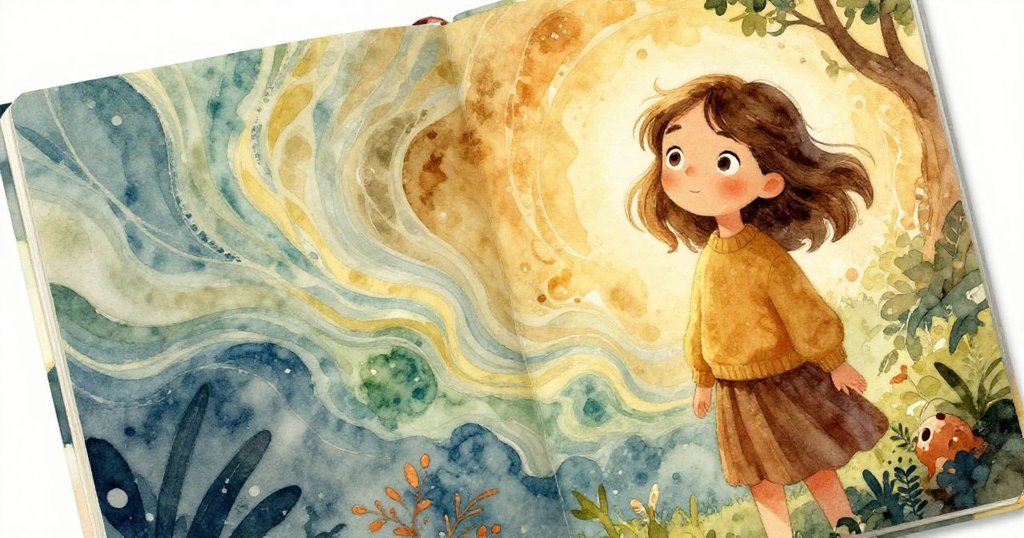 Iris傾斜畫板使水流形成超現實漣漪，藍綠色交融呈現魔幻變化，背景散落畫具勾勒創作氛圍。