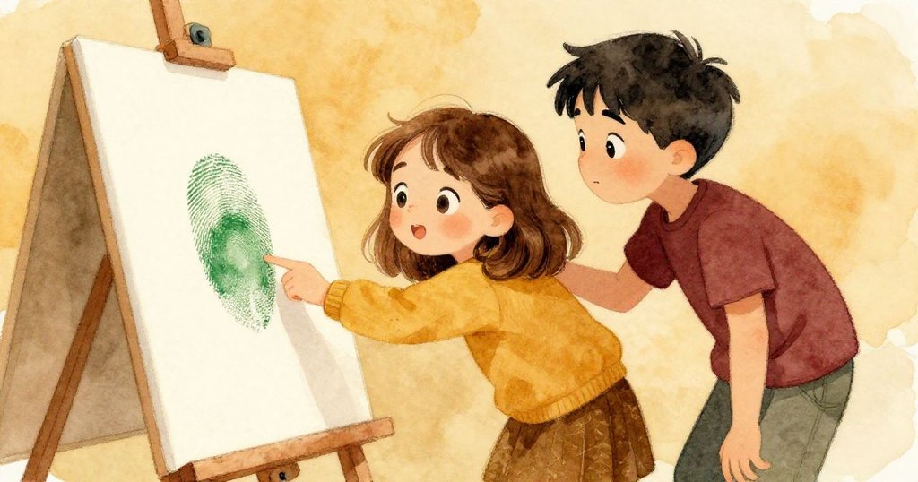 Iris與Gareth並肩欣賞修復好的畫板，綠色指紋點綴角落，溫暖光線照亮他們滿足與團結的創作旅程。