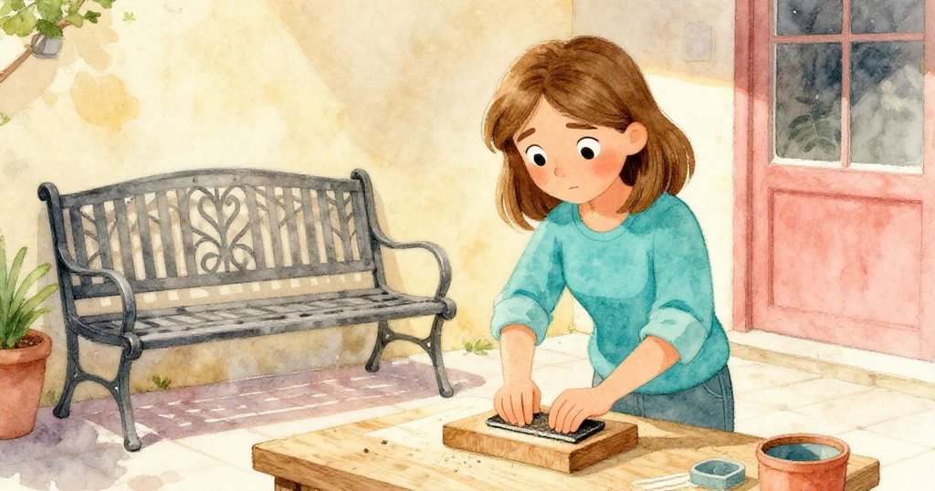 Petra 在溫暖庭院中站在金屬長椅上，握著砂紙開始打磨木塊，她充滿期待與專注，空氣中飄散松木塵香。