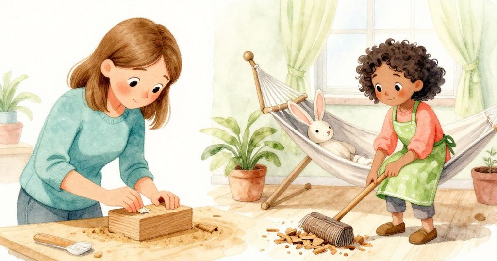 場景分割顯示 Petra 聚精會神打磨木塊與 Vera 在後方輕掃刨屑，兩人互動展現合作與和諧。