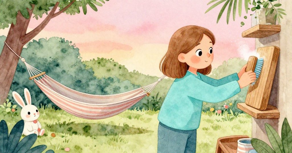 完成打磨後，Petra 輕撫潔淨木塊並放置在觸感架上，庭院景致靜謐溫馨，象徵告別與新開始。