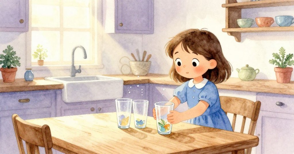 Nina在舒適廚房裡專注排列玻璃杯，水滴輕落，室內柔和光線映出安寧與開端，充滿期待。