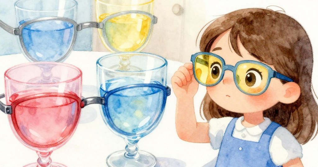 Nina輕觸發光玻璃杯，紅藍黃水在日光中閃耀宛如微縮星空，充滿探索與奇趣。