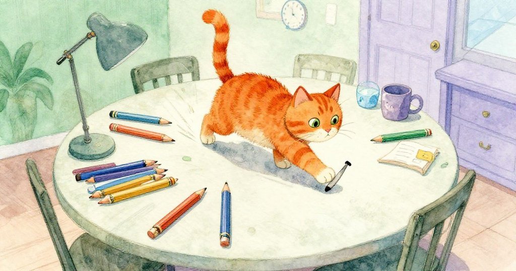 桌上鉛筆滾動，橘貓嬉戲穿梭，扭曲視角下展現家庭實驗室幽默與動感，增添活力氣氛。