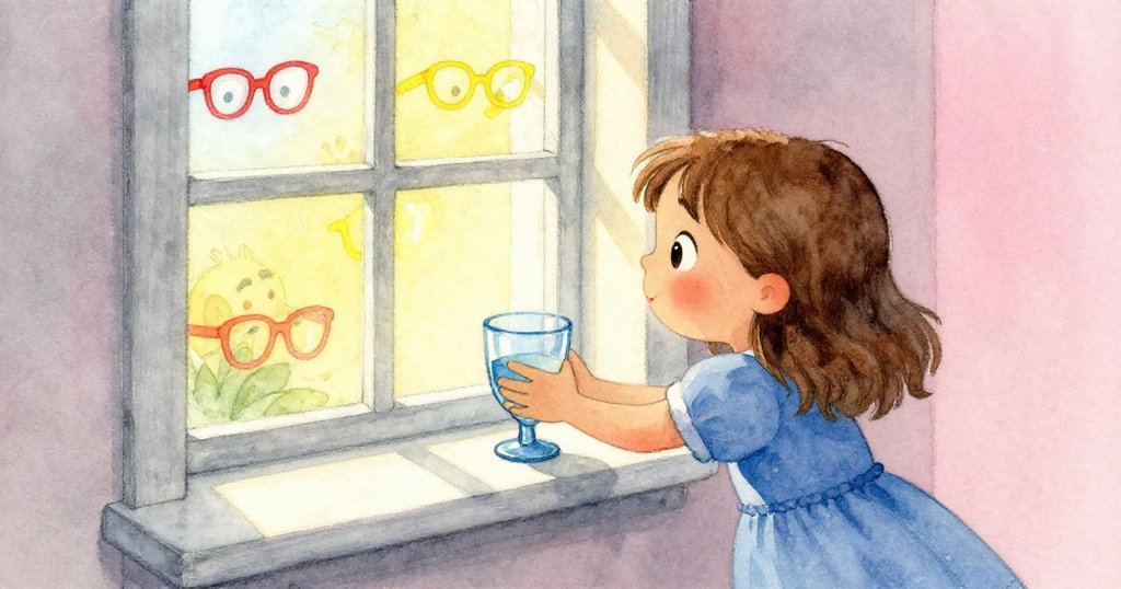 Nina在窗邊調整玻璃杯，紅玻璃受涼光拖慢節奏，黃玻璃溫暖映照出室內微妙氣流變化，神情專注。