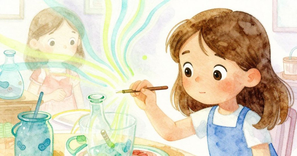 Nina凝視玻璃中湧現的琥珀、青綠與萊姆色線條，神情從專注轉為驚喜，定格實驗關鍵時刻，充滿期待氣氛。