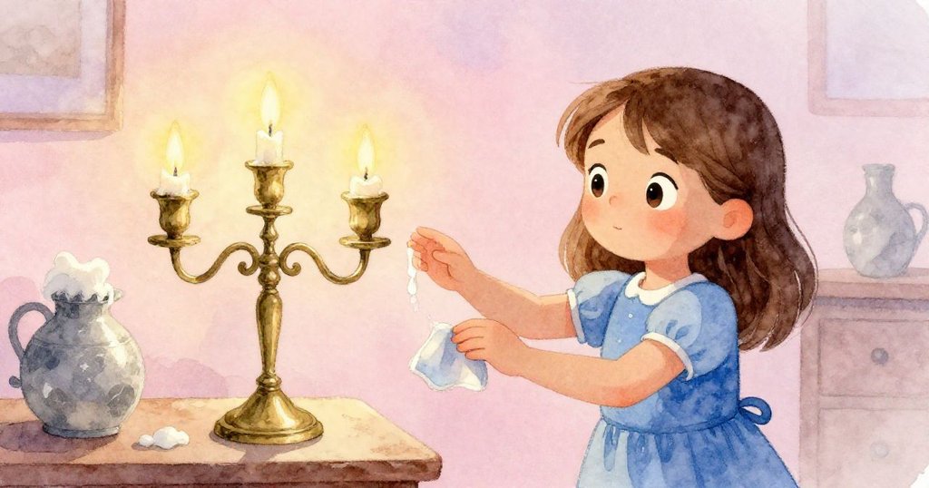 Nina在夕陽映照下輕擊燭臺，溫暖蠟滴落於布塊旁，整個場景散發平靜滿足感，結束實驗旅程。