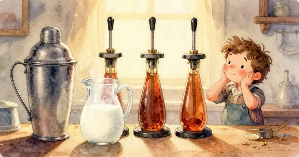 在溫暖的茶店內,Keane凝神操作糖漿泵,臉上流露決心與專注,細節突出動作與情感。