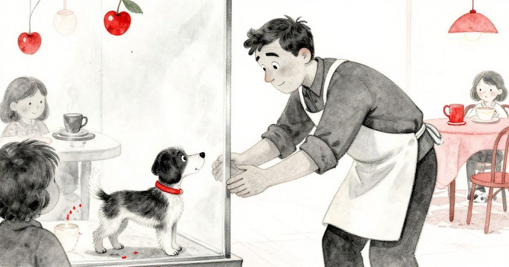 在茶店忙碌中,Keane急速彎腰跨過玻璃救援流浪狗,動作充滿決心且情感真摯,背景細節豐富。