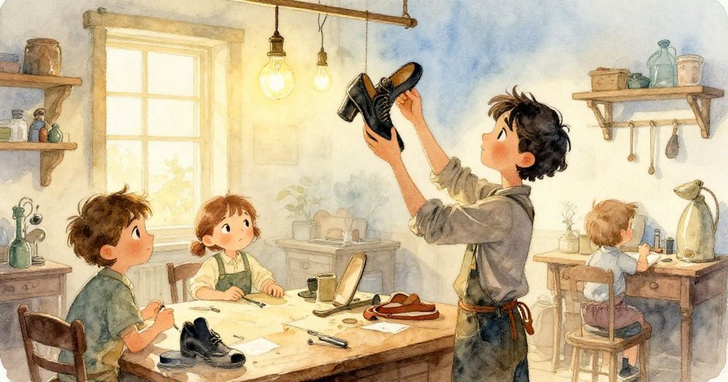 Sable在溫暖晨光中操作維修工作室裡的黑色復古鞋子,神情專注,環境散發柔和燈光氛圍。