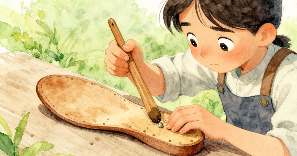 Sable專注地用木製挑棒剔除鞋面微小石子,手法細緻,工作台上物品細節豐富,情緒認真。