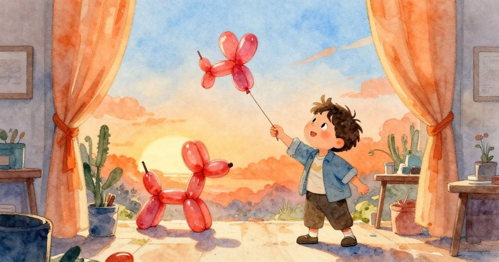 Rafe露出微笑在開啟的窗簾旁接住飛入的軟氣球狗,環境透出夕陽橙色溫暖。