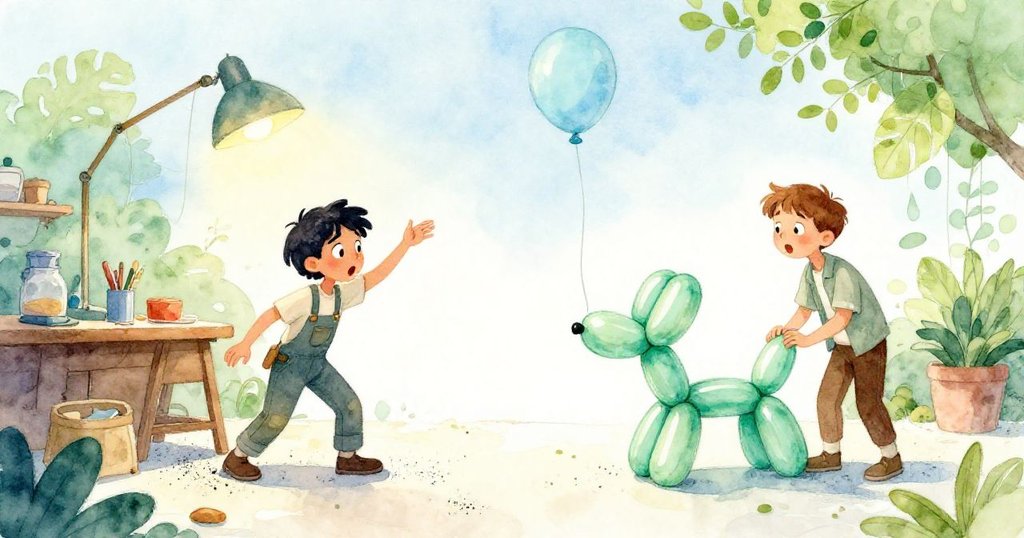 氣球線纏住吊燈散射黑粉,Sable與Rafe驚喜互動,光影交錯中展現奇幻動感。