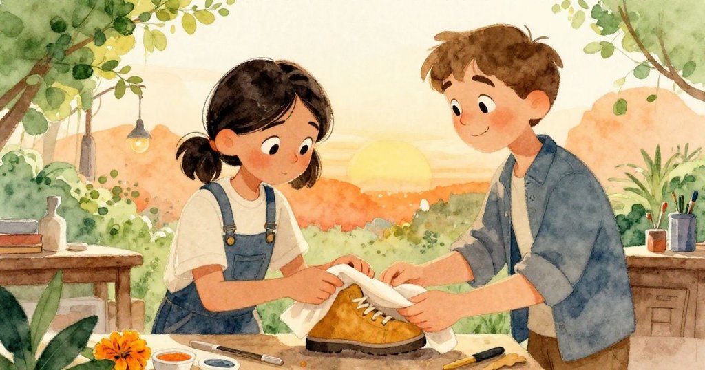 Sable與Rafe合力用柔布包裹金色休閒鞋,細心檢查細節,表情專注且充滿溫暖。