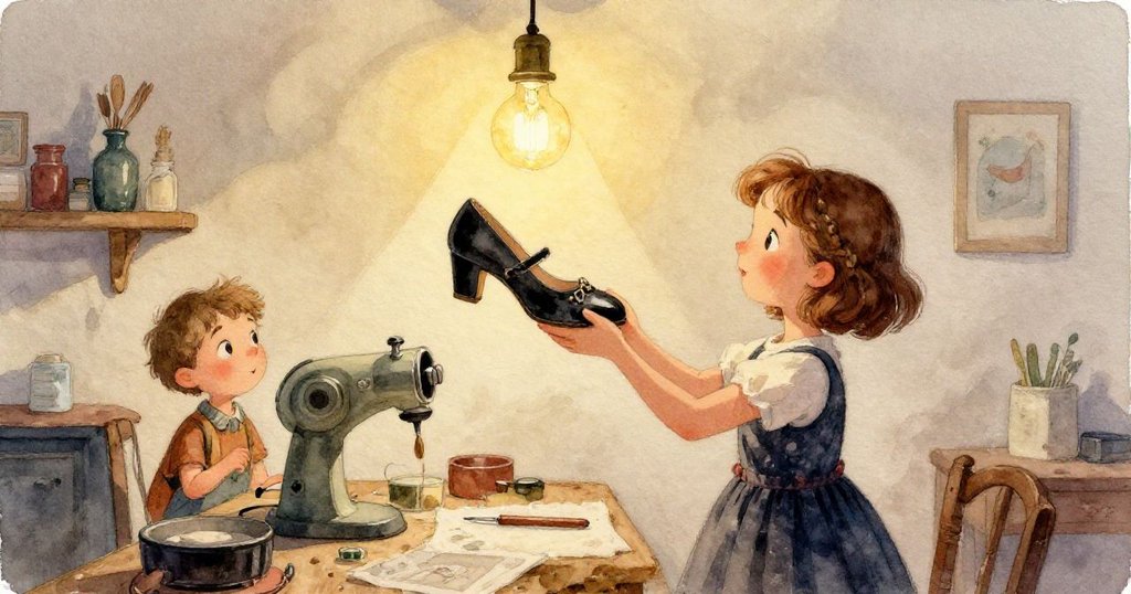 夜晚工作室中,昏暗燈光下黑鞋與包裹鞋安置於角落,氣球懈怠懸掛,環境寧靜收尾。