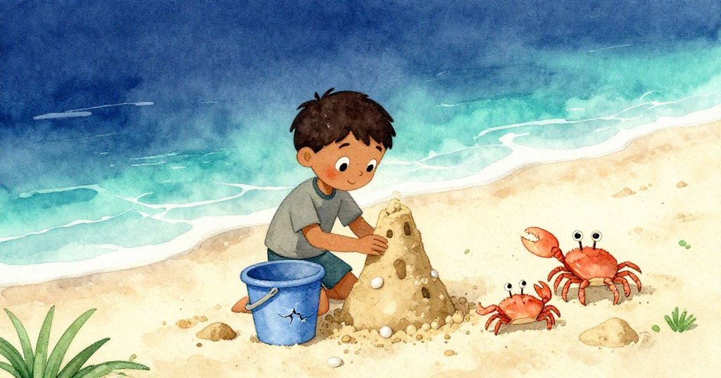 Griffon忙著堆沙塔，螃蟹站在藍色破桶上，海草堆積於潮濕沙灘背景，展現創作初始時的興奮與專注