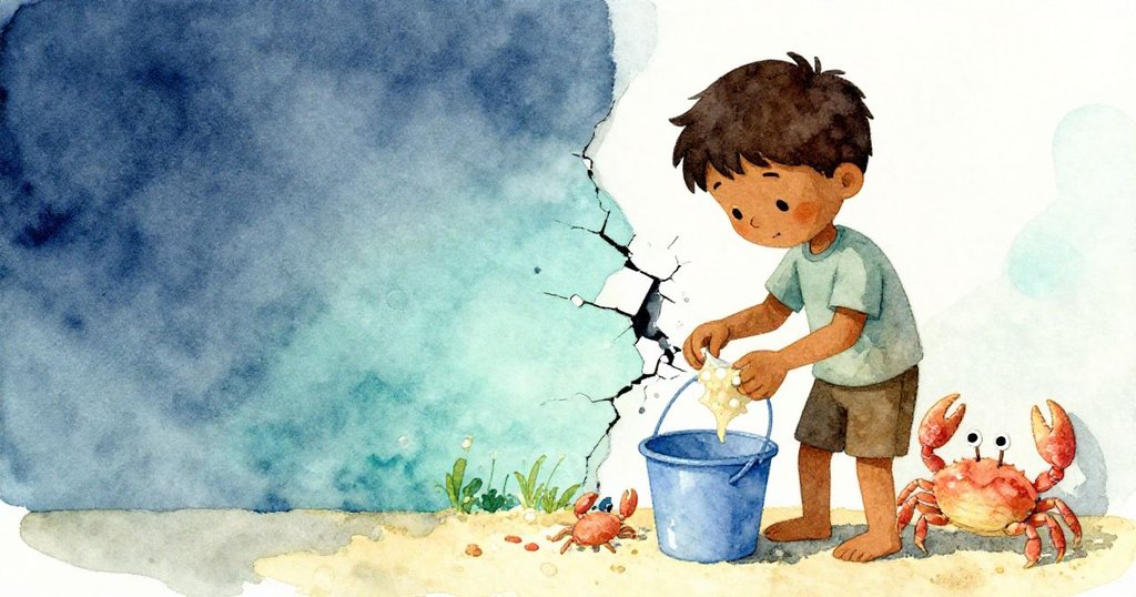 Griffon細心修補牆壁裂縫，螃蟹輕敲藍桶，背景留白突顯修補過程的溫柔與專注