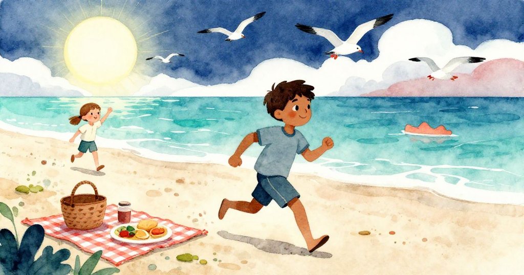 Griffon急奔內陸取回野餐布，Suki遠處呼喊，海鷗高飛，畫面層次分明展現動態與忙碌