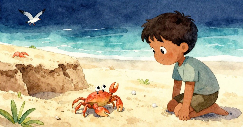 Griffon與螃蟹近距交流，共同研究沙溝細節，海鷗遠飛增添生氣，畫面濃縮情感互動