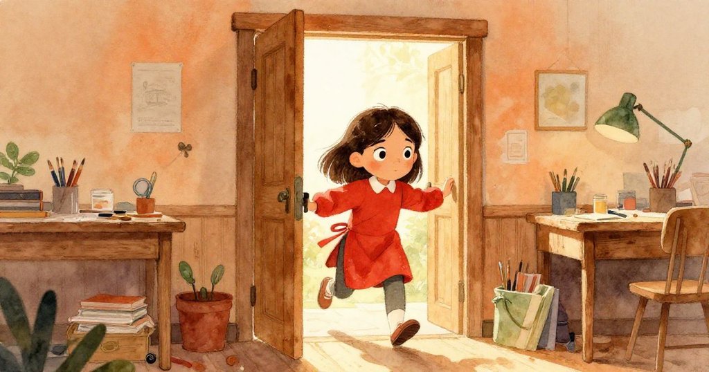 露比站在陽光溫暖的工作室入口,踏入充滿藝術工具的房間,懷著期待開始創作。