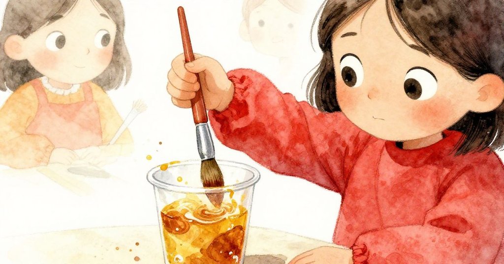 露比專注地將畫筆浸入塑料杯中,杯中顏料旋渦般流動,象徵著創意的綻放與生命力展現。