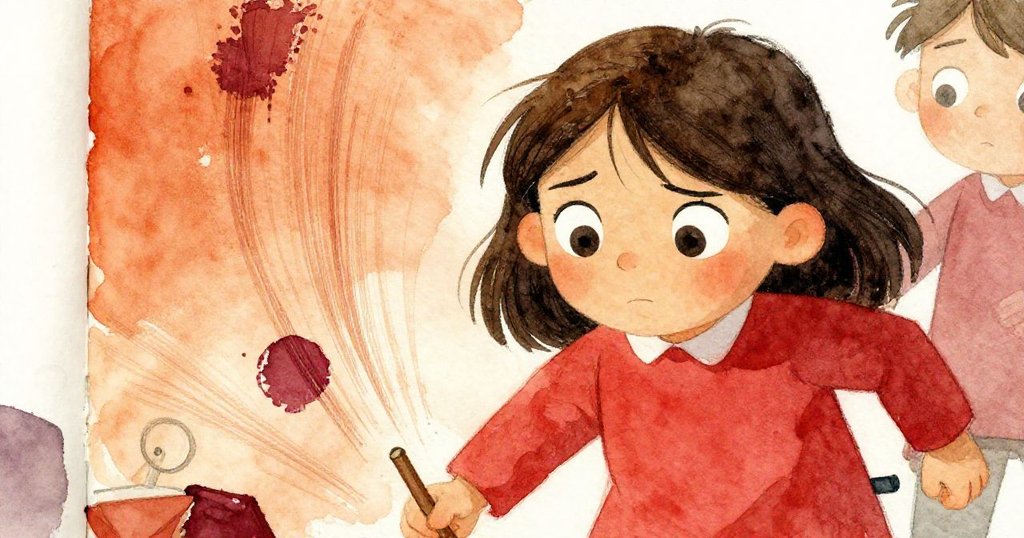 從低角度仰視,露比神情堅定,專注地以濃厚筆觸克服濕潤挑戰,展現藝術創作的力量。