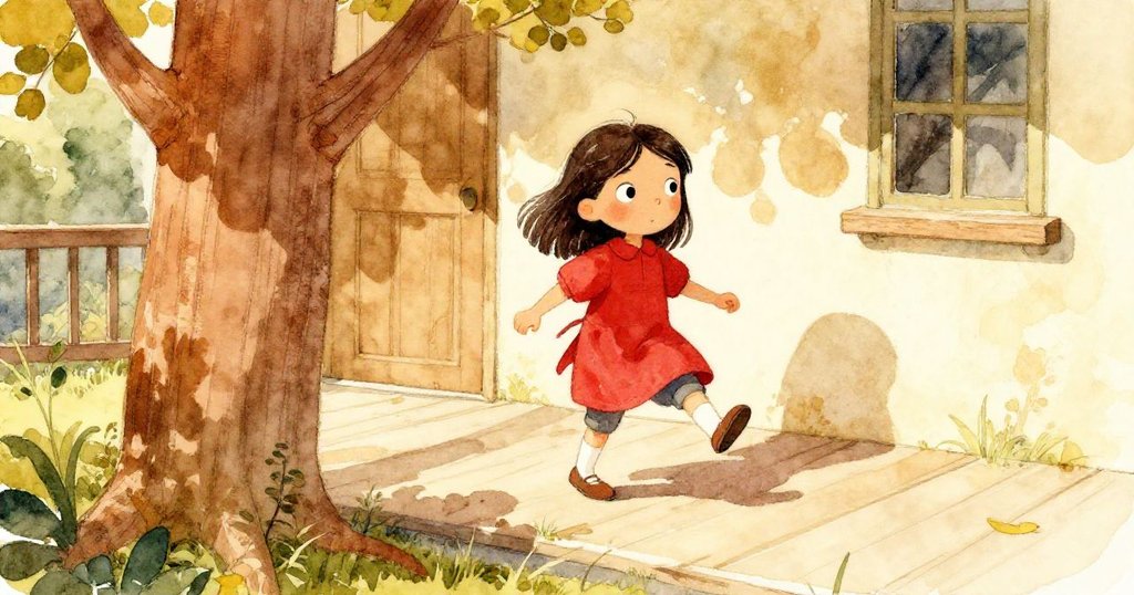 露比走到陽光照耀的門廊上,欣賞塗有樹幹的畫作,柔和風拂過欄杆,展現大自然與創意交匯的美妙。