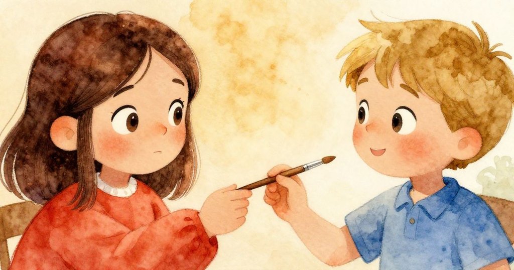 韋德輕輕將新畫筆遞給露比,雙手交會中流露出溫暖感激,象徵著共同成長與創意之旅的美好傳遞。