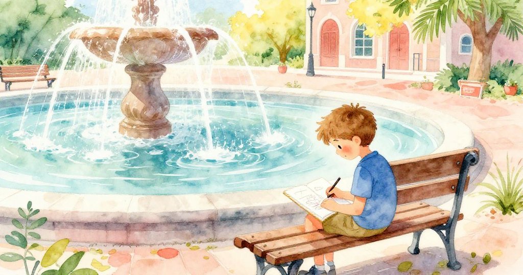 山姆坐在陰涼長椅上專注作畫,噴泉水流拱形飛濺,環境呈現藍綠、珊瑚粉和芒果黃調,開啟故事。