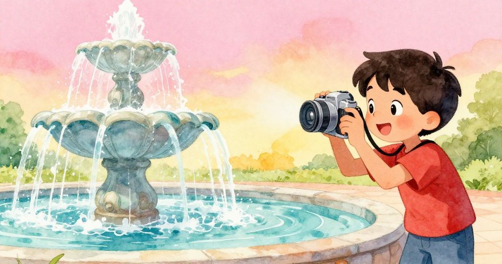 哈里斯拿著銀色相機捕捉噴泉動態,專注充滿熱情,背景融合夕陽粉、海洋藍與芒果黃,展示故事發展。