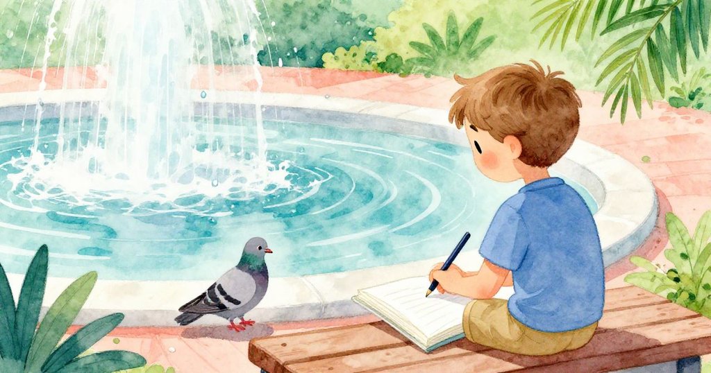從山姆肩後看,他專注描繪噴泉的水流,用手保護畫紙,同時鴿子靠近,展現自然詩意的故事進程。