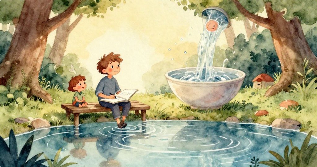 在隱蔽的角落裡,一顆橡實沿著濕潤的藍灰石面緩緩滾動,水波脈動與薄霧鋪陳出神秘氛圍,轉折故事。