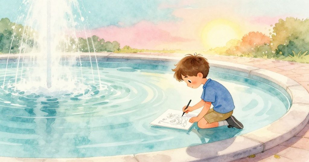 山姆跪在鏡面般的噴泉邊,靜靜對比畫作與水中倒影,神情平靜,背景充滿海洋藍與夕陽粉,故事圓滿結束。