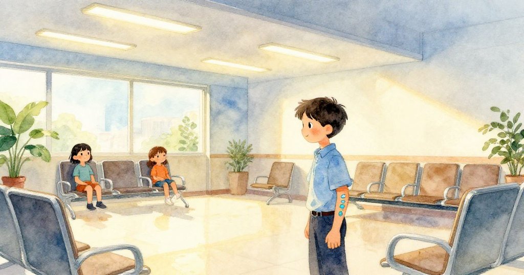 Reed 站在明亮候診室中等待,前臂酷貼紙顯眼,椅子和燈光環繞,神情期待,場景現代溫馨。