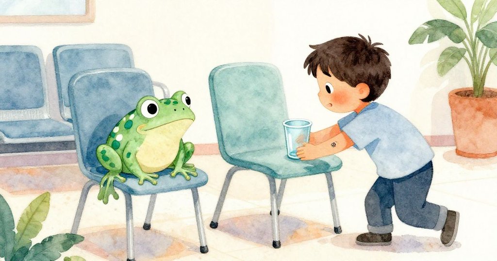 Reed 用藥杯輕觸塑膠椅, 小青蛙色澤如鳶尾花在地板上顫動,表情驚訝,現場輕鬆幽默。