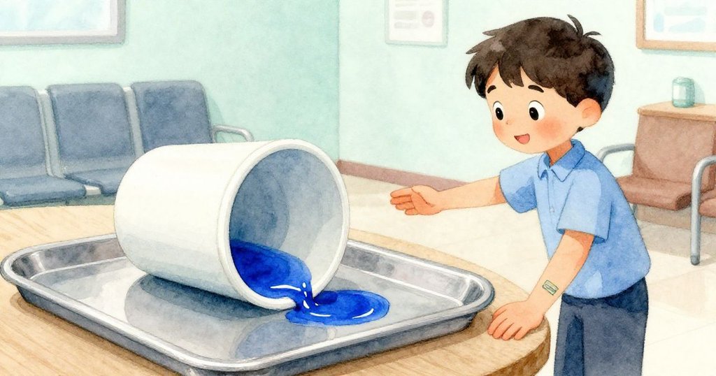 藍色藥杯滾動,杯緣上留下藍墨痕跡,Reed 伸手追趕,細節清晰呈現現代氣息。