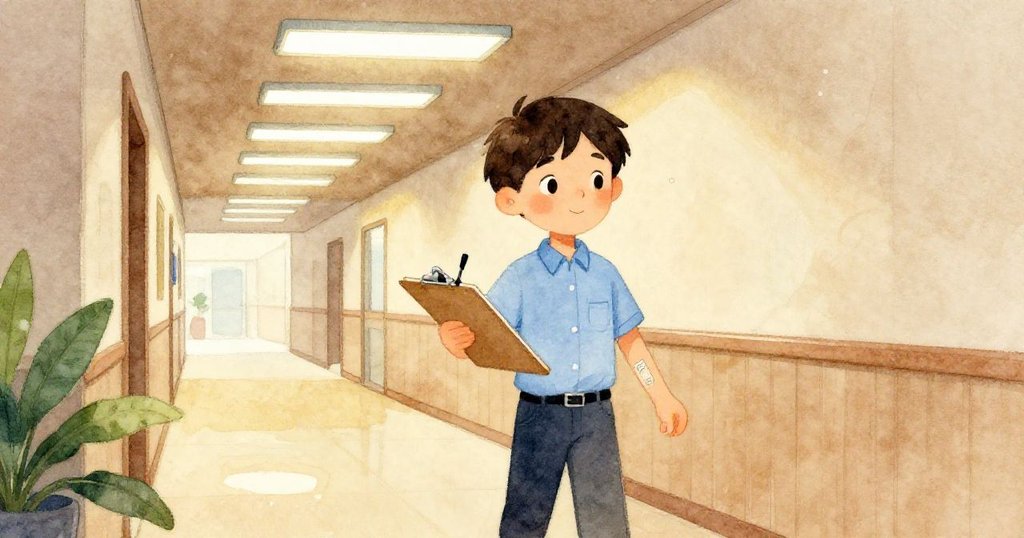 Reed 拿著剪貼板走在長走廊中,燈光交織冷暖,專注記錄保險編號,營造出現代工作感。