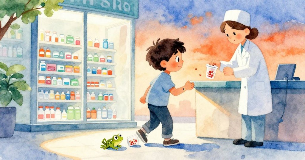 Reed 注意到護士整齊放藥杯,鞋邊藥杯滾動,小青蛙從藥局窗下悄滑而過,場面生動活潑。